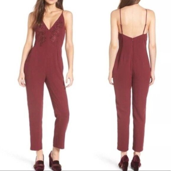 Leith Maroon Red Floral Embroidered Sleeveless Jumpsuit Size Small - Picture 1 of 6